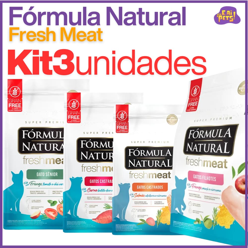 KIT Com 03 Ração Gatos Fórmula Natural Fresh Meat 500g Para Gatos Castrado Senior Filhote