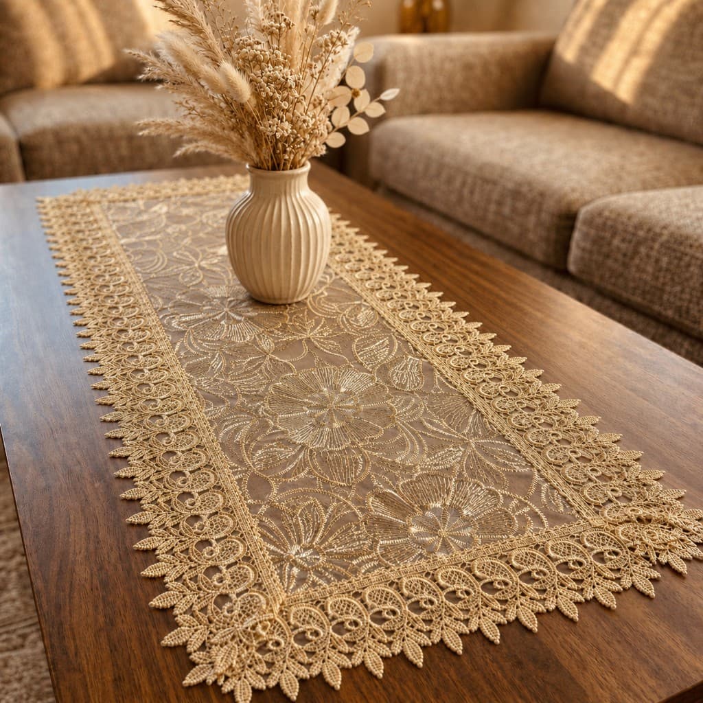 Centro de Mesa de Renda Retangular 40x85 Guipir Dourado Branco Creme Bordado Floral Toalha de Centro Luxo Sala Aparador