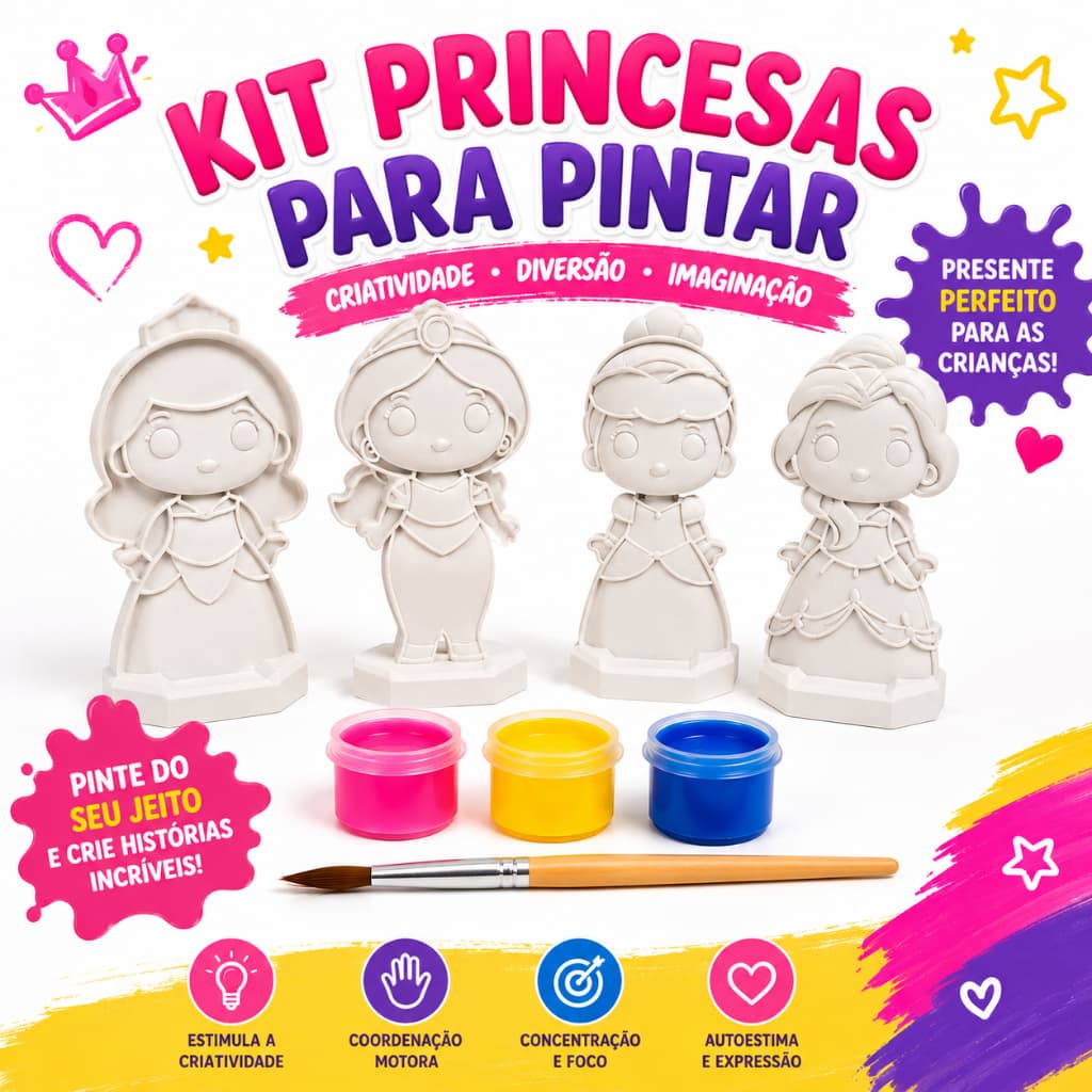 Kit Pintura 3D Infantil Princesas encantadas 5 Peças com Tintas e Pincel Brinquedo Educativo Presente Dia das Crianças