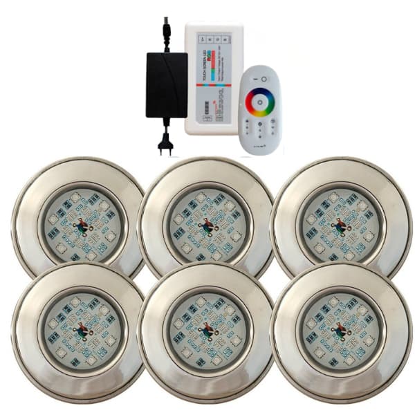 Kit Iluminação Refletor 6 Led Inox 9w Rgb Piscinas Controlador Touch + Fonte