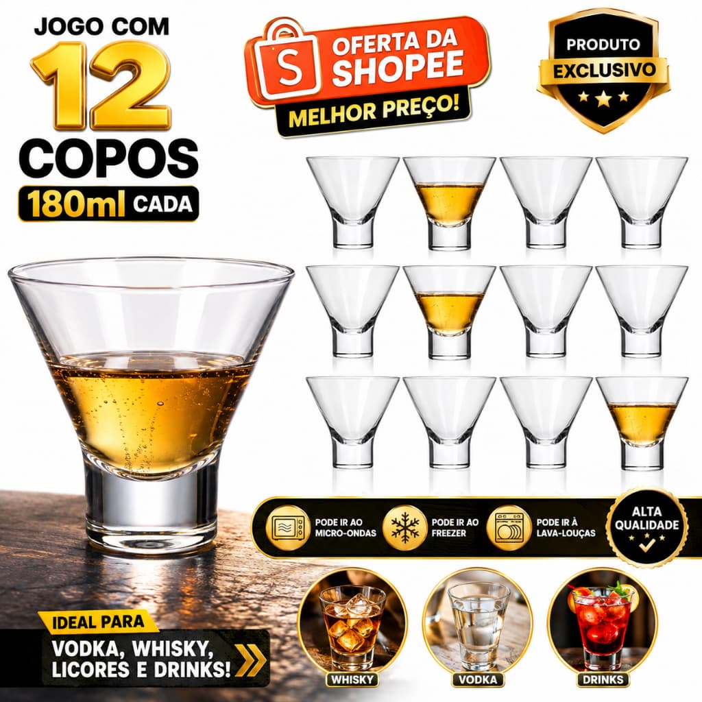 kit jogo conjunto de Taça Coquetel Ilhabela 180ml Kit 12 unidades taça de vidro vodka whisky drinks