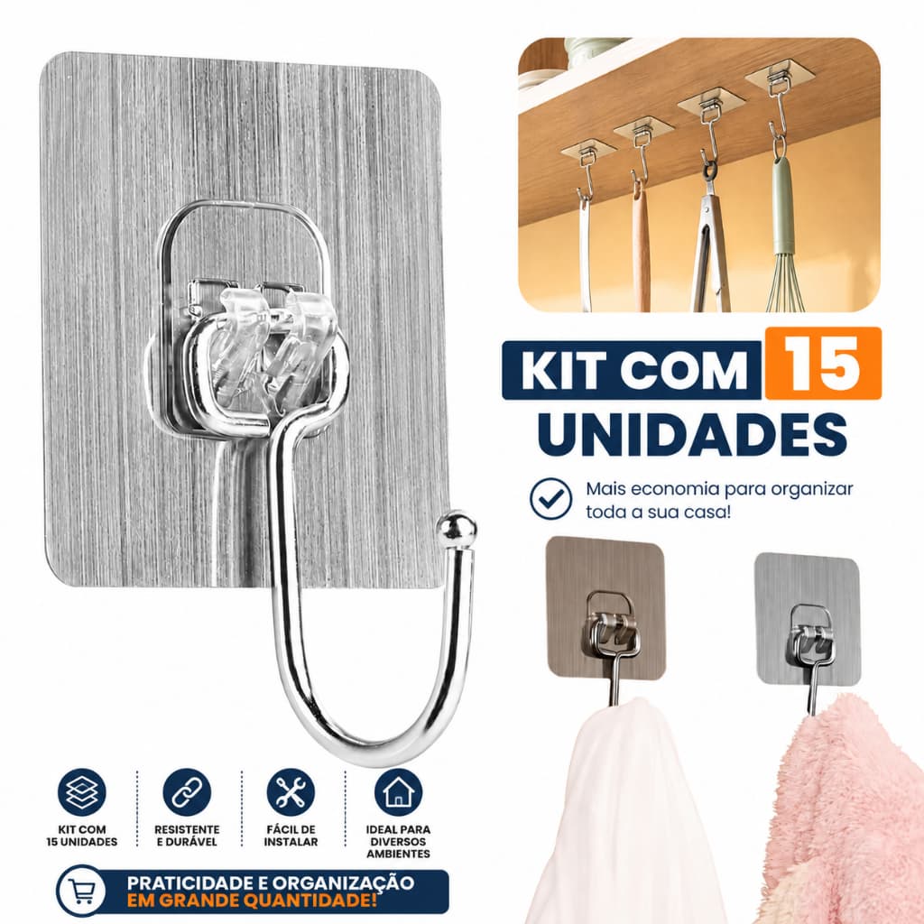 Kits 15/30/45 Ganchos de Parede Adesivo AutoColante Multifunções Cozinha Banheiro Suporta até 3 KGS