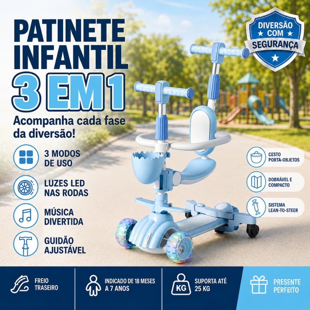 Patinete Infantil 3 em 1 Com Assento Musical Cestinha Guidão Ajustável Dobrável 3 Rodas - Azul