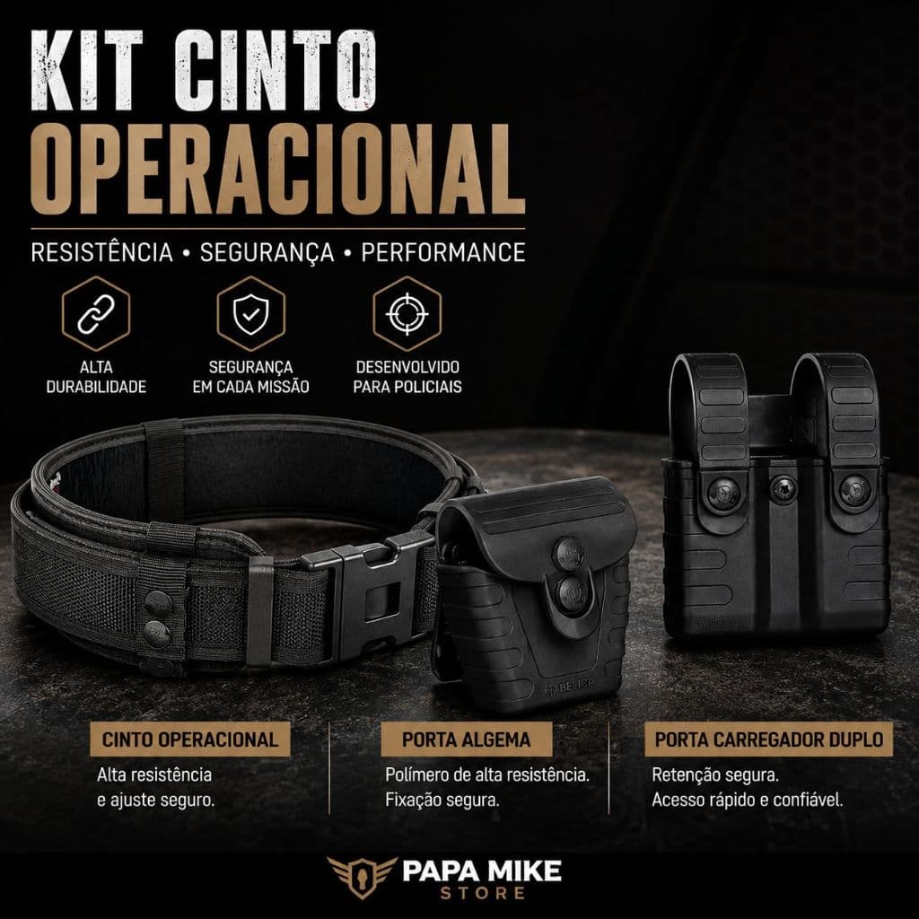 KIT TÁTICO CINTO COM PROTETOR LOMBAR + PORTA CARREGADOR + PORTA ALGEMA BÉLICA