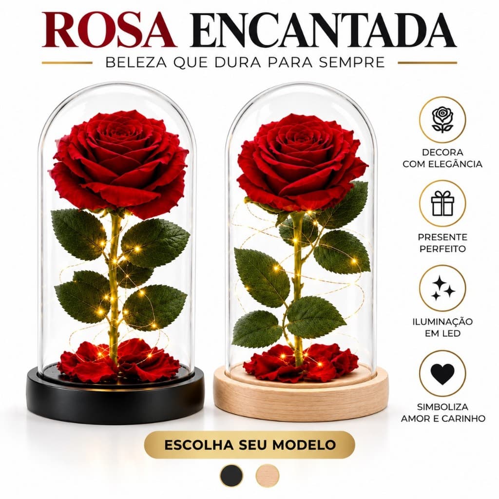 Luminária Rosa Eterna Com LED Cúpula Acrílica 21x11 cm Presente Romântico Conto de Fadas Decoração