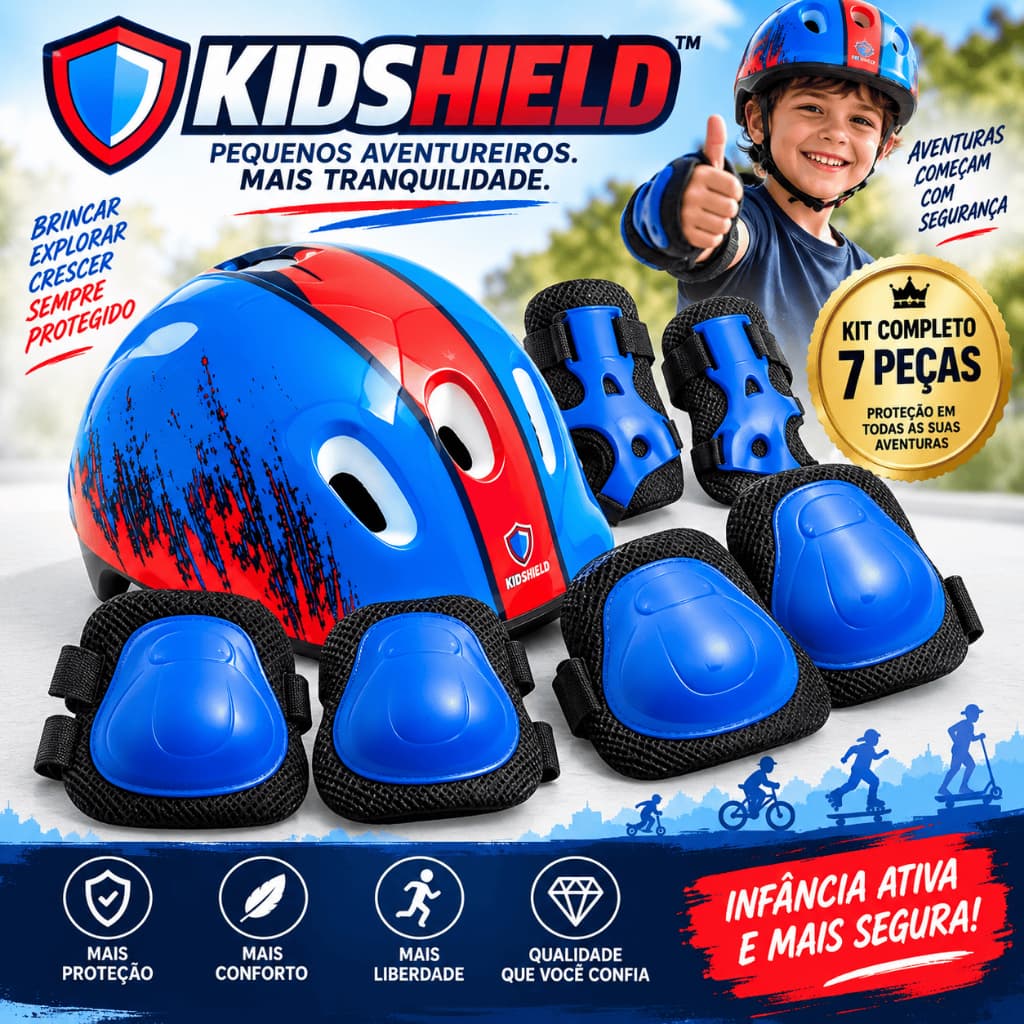 Kit Proteção Infantil 7 Peças KIDSHIELD Capacete Joelheira Cotoveleira Munhequeira para Bicicleta Skate Patins