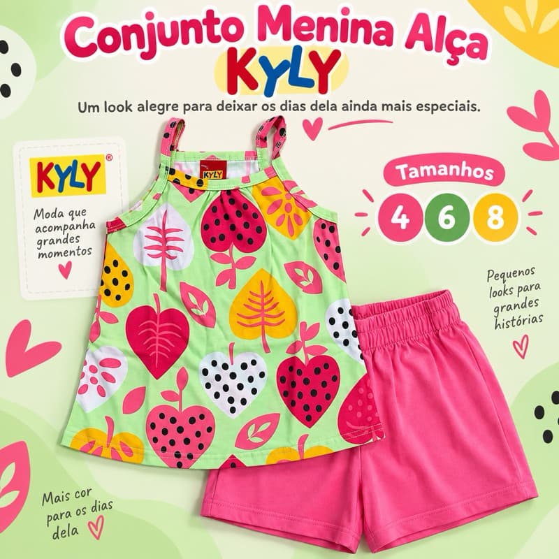 Conjunto Infantil Menina Kyly Blusa de Alça Estampada + Short Rosa Tamanhos 4 6 8