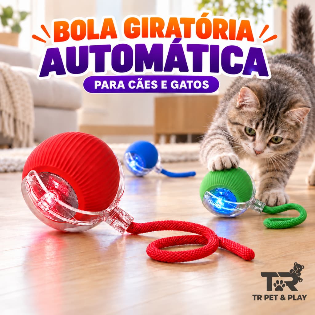 Bola Inteligente Giratória Automática Pet Cães Gatos Brinquedo Interativo Recarregável USB LED Cauda Falsa