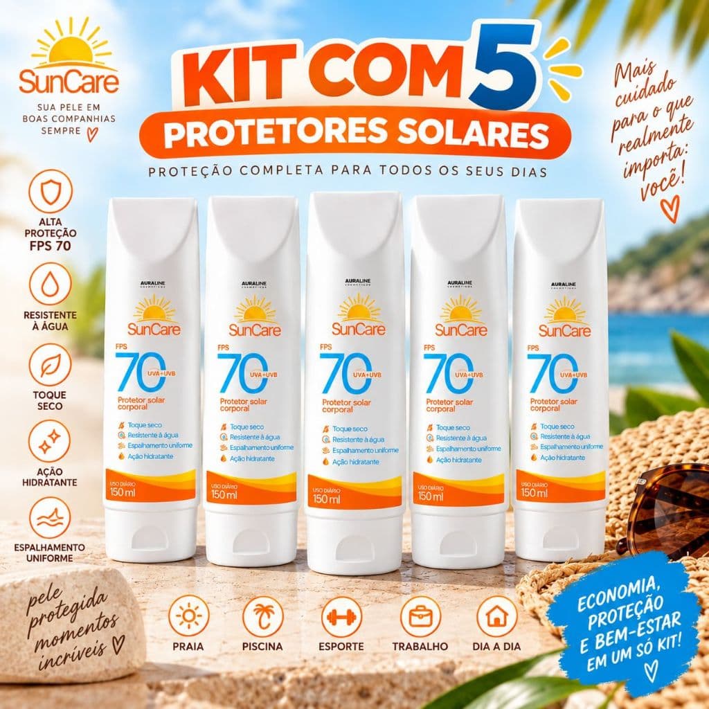 Kit 5 Protetores Solares SunCare FPS 70 Corporal 150ml UVA UVB Toque Seco
