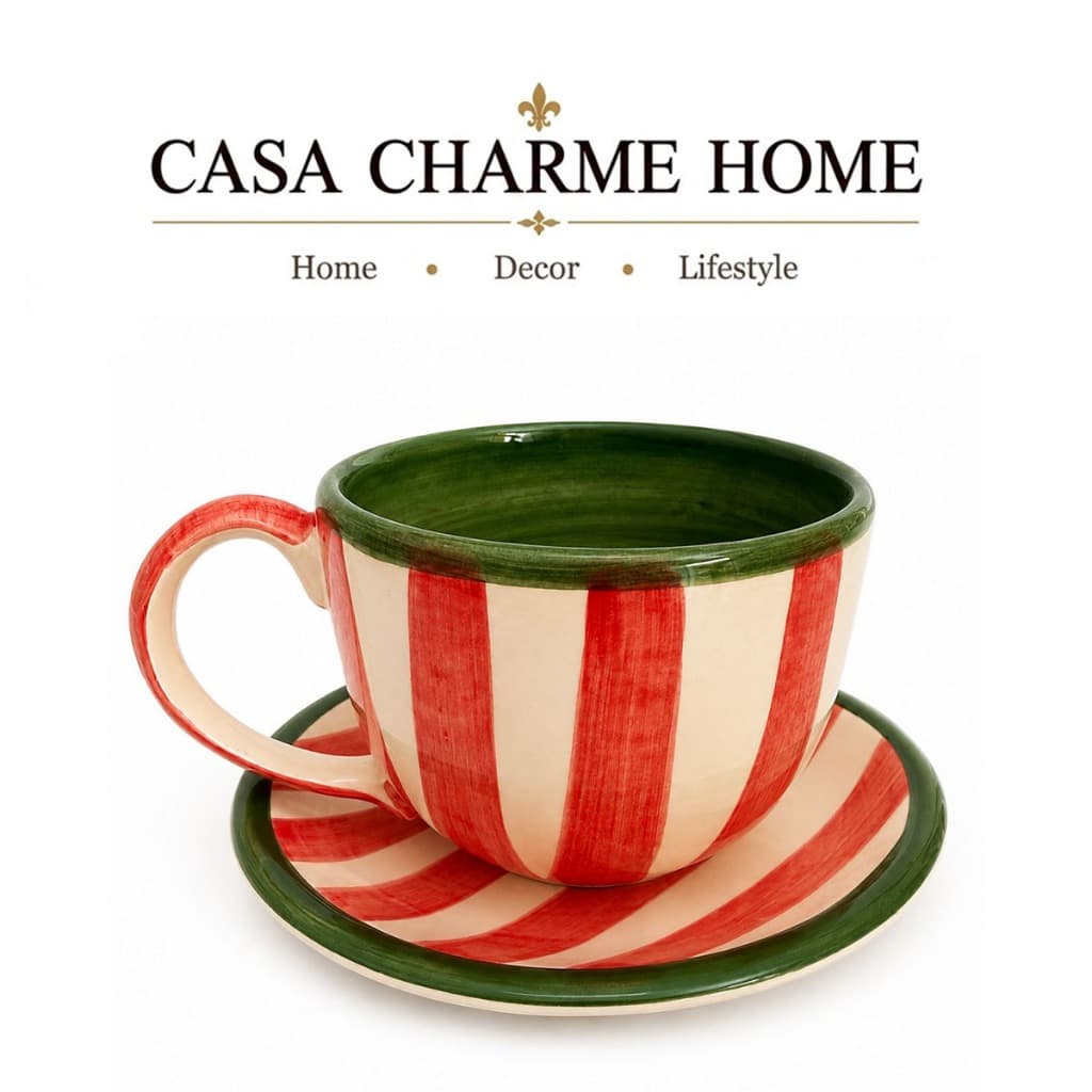 Conjunto Xícara Bowl + Pires em Cerâmica Pintada à Mão 700 ml para Mesa Decorativa
