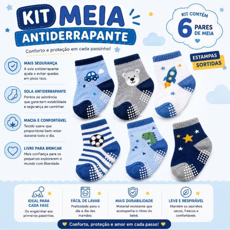 Kit com 6 pares de meia antiderrapante para menino de 0 a 2 anos infantil