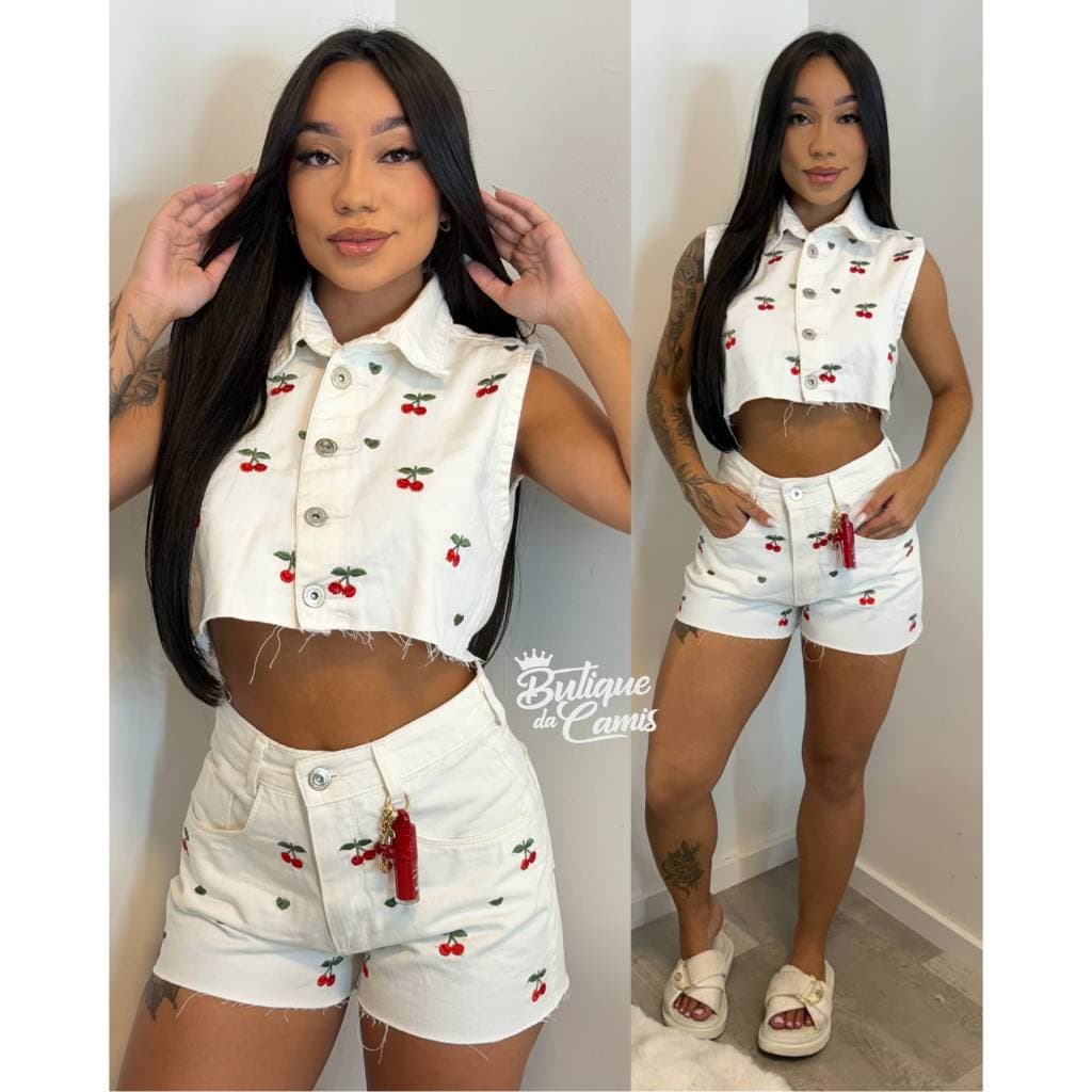 Conjunto Jeans Feminino Cereja Bordado Delicado Off White 🍒 Cerejinha Tendencia Look Blogueira