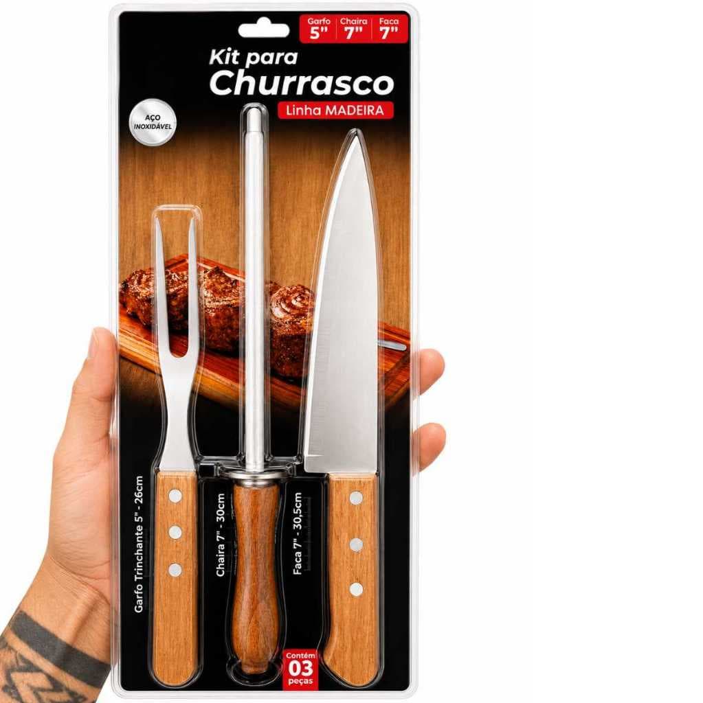 Conjunto 3pçs. Para Churrasco Incluso Uma Faca 7", Garfo Trinchante 5" e Chaira 7" – Linha Madeira