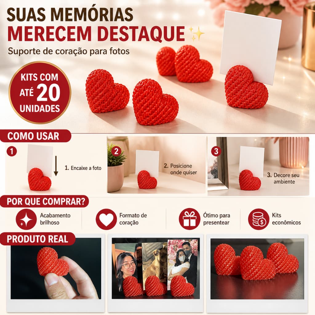 Porta Foto Polaroid Coração | Porta Retrato para Fotos | Presente Casal, Pet e Decoração | Kit 5, 10 ou 20
