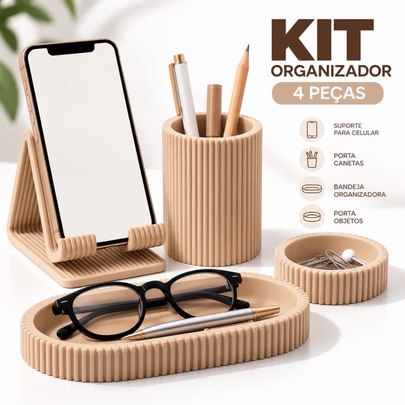 Kit 4 Peças Organizador de Mesa Suporte Celular Porta Caneta Bandeja Multiuso Porta Lápis