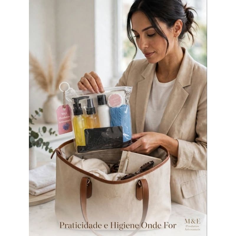 KIT PARA BOLSA COMPLETO: sabonete líquido, creme hidratante, álcool gel  70%, hidratante para cutícula, toalhinha de mão