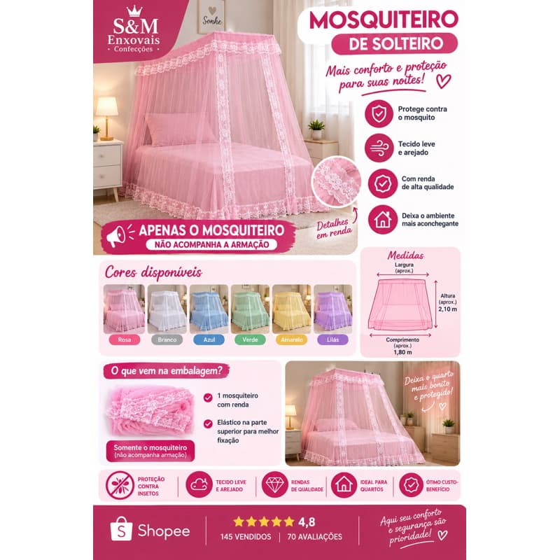 Mosquiteiro de Armação Solteiro PREMIUM ✨(APENAS O MOSQUITEIRO)•Renda Volta ao Mundo•ENVIO RÁPIDO ✅