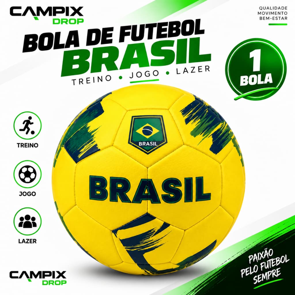 Bola de Futebol Brasil Verde Amarela Costurada para Campo Treino Lazer e Jogos Recreativos