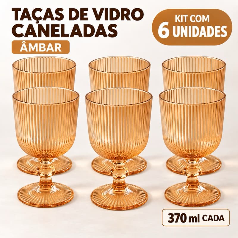 Kit 6 Taças de Vidro Âmbar Caneladas 370ml com Pé para Água Suco Vinho Drinks Mesa Posta Festa Casamento