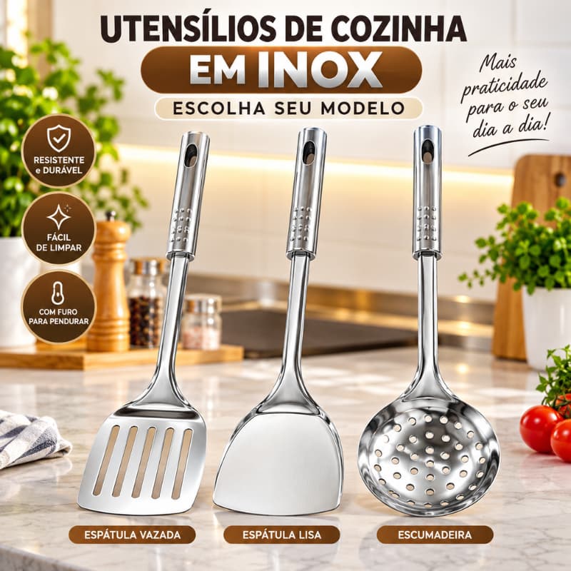 Espátula Inox Escumadeira Utensílio de Cozinha Aço para Fritura Chapa Frigideira Escolha  |1017-19-22| Pronta Entrega
