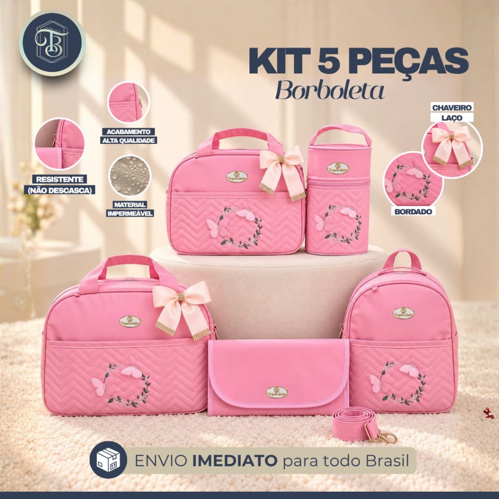 Kit Bolsa Maternidade 5 Peças Borboleta (Rosa)