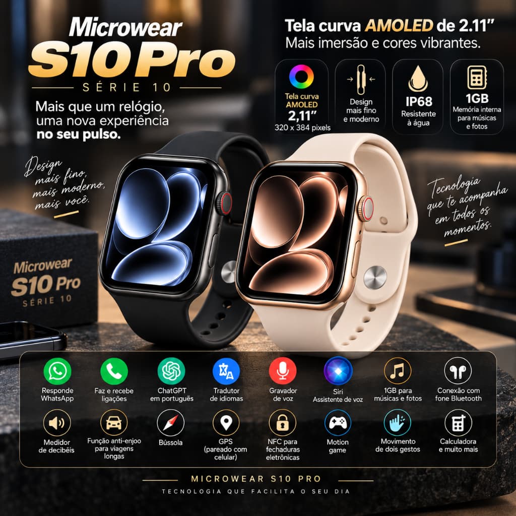 Smartwatch Microwear S10 Pro Série 10 ChatGPT 1GB Ligações GPS NFC IP68