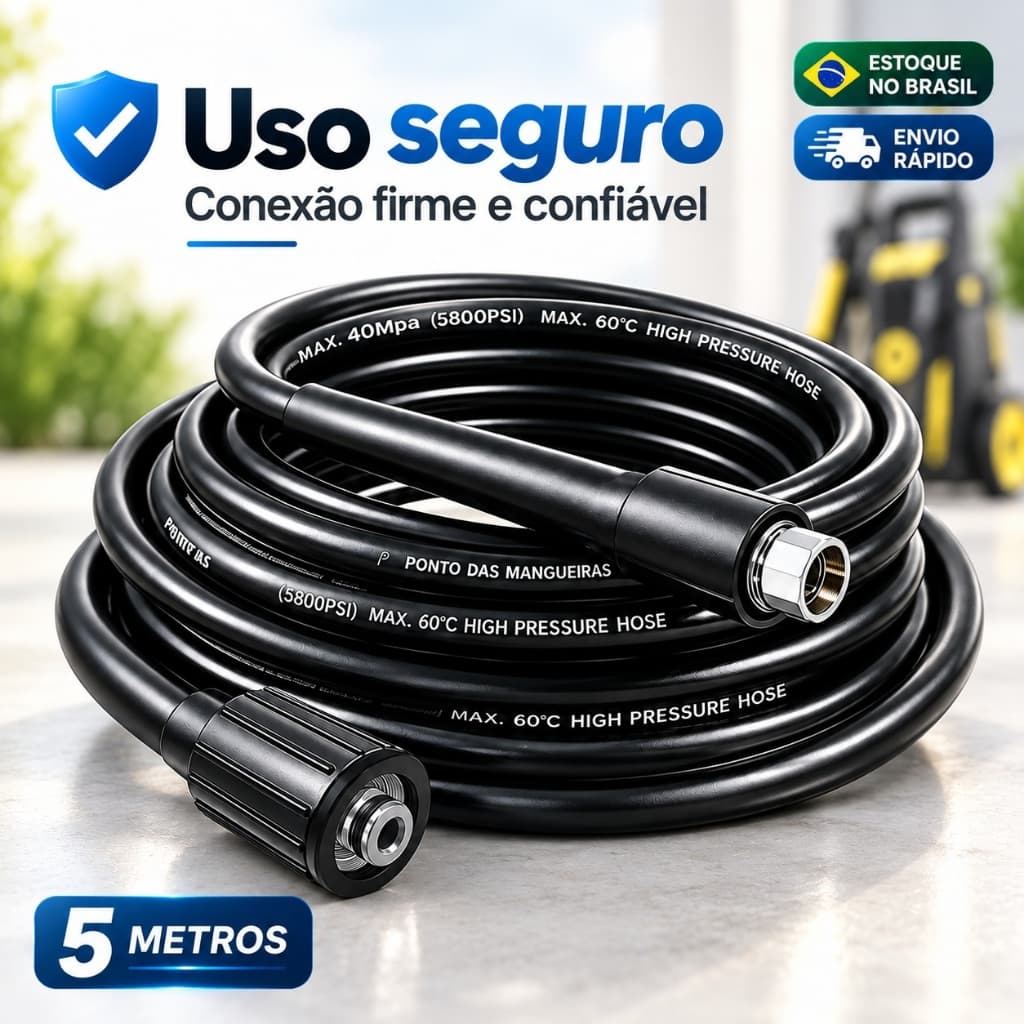 Mangueira para Lavadora de Alta Pressão 5 Metros M22 Compatível Pino 14/15 Reforçada Flexível