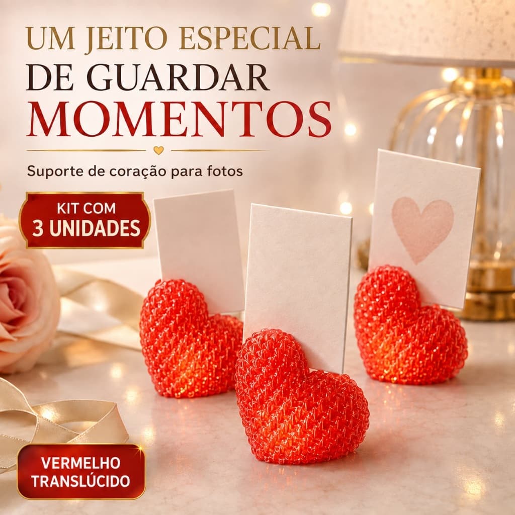 Kit 3 Porta-Fotos Polaroid Coração Vermelho Translúcido – Suporte Decorativo para Fotos e Lembrancinhas