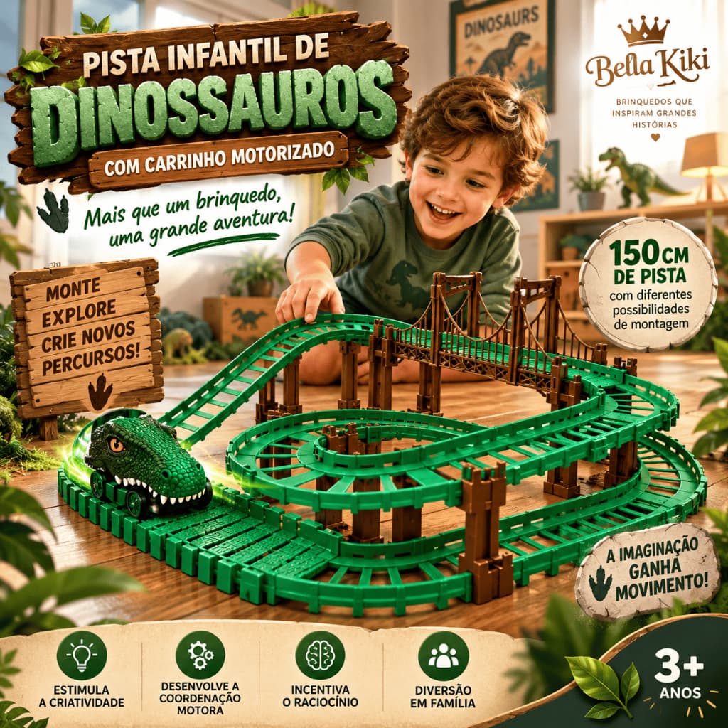 Pista Infantil Dinossauro Carrinho Motorizado Montar Flexivel Verde Idade 3 Anos+
