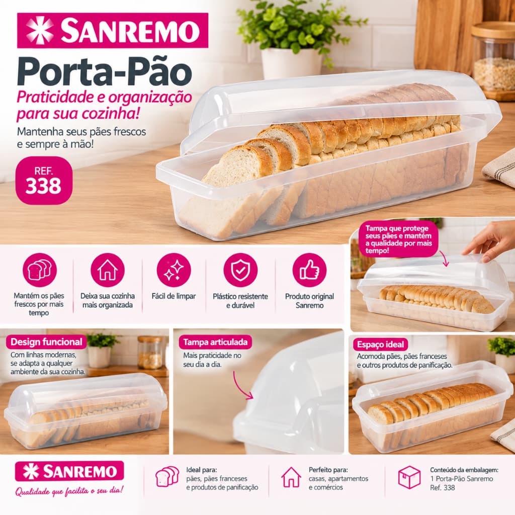 Porta Pão Plástico Sanremo  Design Espaçoso e Proteção Contra Umidade Porta Pão Plástico para Pão de Forma Sanremo