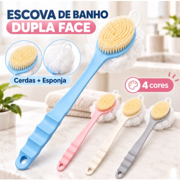 Escova de Banho Dupla Face 35cm com Esponja Limpeza Corporal Massagem e Esfoliação