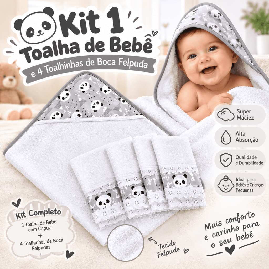 Kit 1 Toalha de Bebe e 4 Toalhinhas de boca Felpuda Recem Nascido Panda