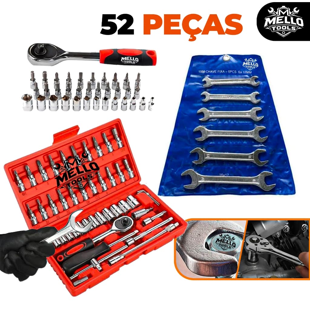 Jogo Kit Ferramentas 52 Peças Completo com Catraca, Soquetes, Bits e Chaves Fixas – Jogo Profissional