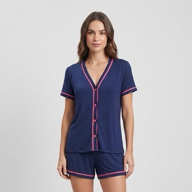 Pijama Curto Blogueirinha adulto feminino sem gola aberto na frente com botões pós cirúrgico verão Pijama blogueirinha