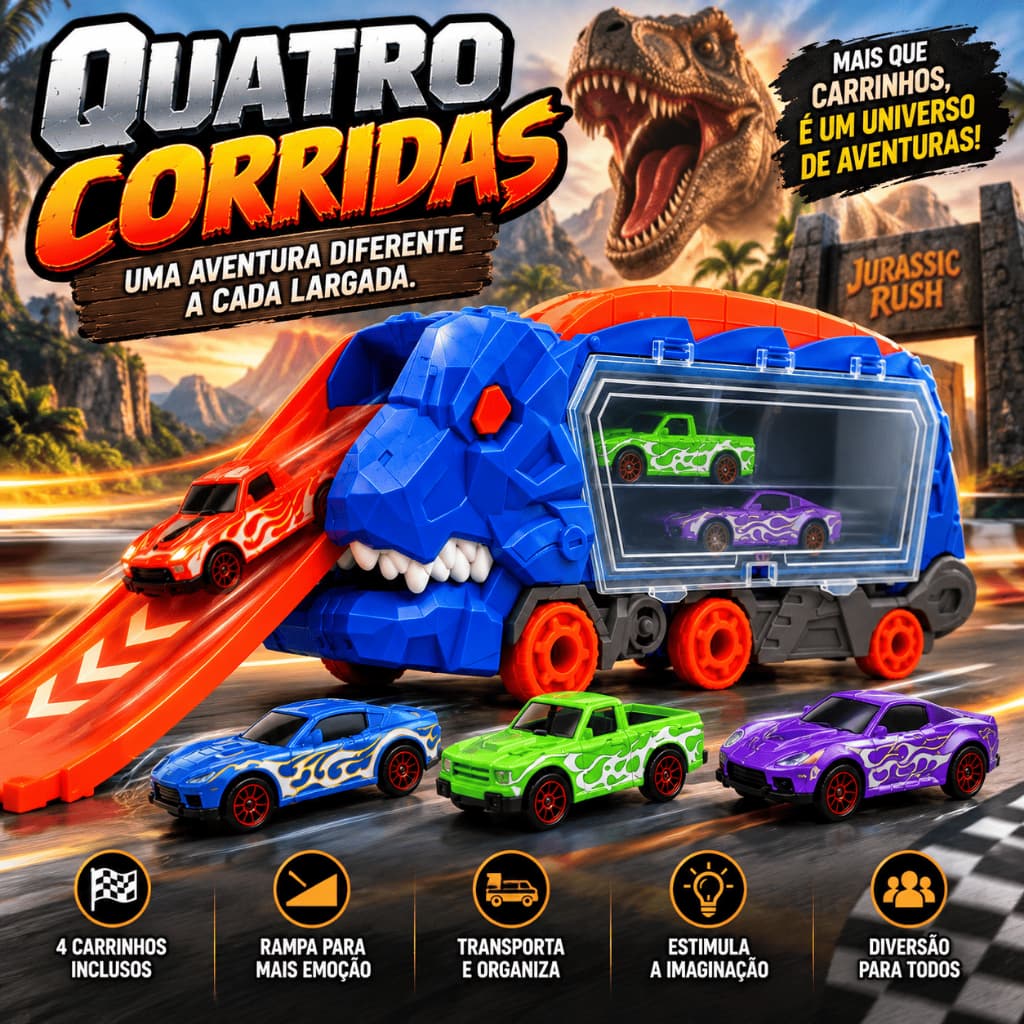 Caminhão Dinossauro T-Rex Infantil Rampa com 4 Carrinhos Brinquedo Menino Jurassic Rush