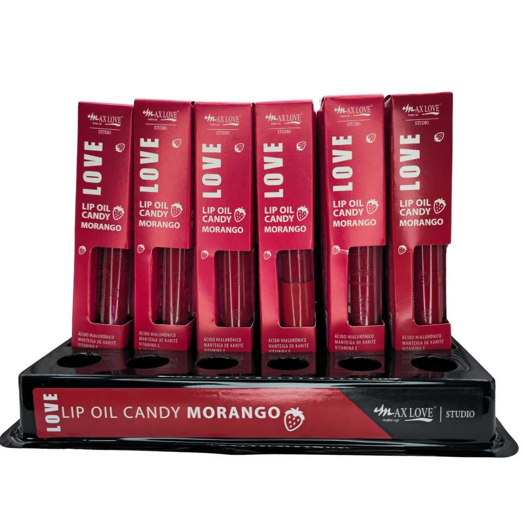 BOX C/ 36 LIP OIL CANDY MORANGO MAX LOVE — HIDRATAÇÃO INTENSA E BRILHO ESPELHADO