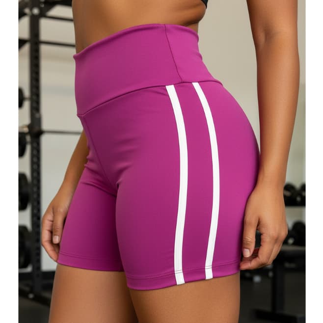 Short Fitness Feminino Bike Cós Alto Listras Laterais | Bermuda Treino Academia Suplex