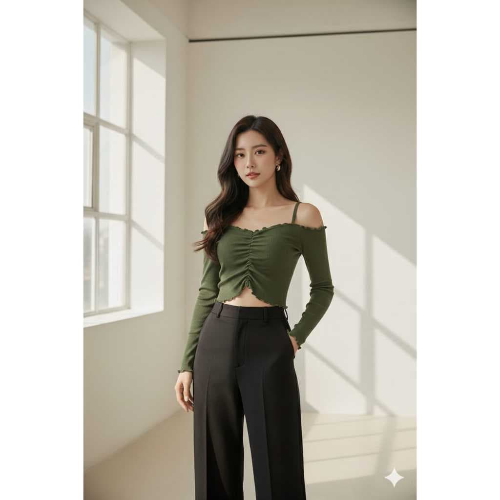 Blusa Slim Feminino Tricô Canelado Ombro a Ombro e Babado Manga Longa Estilo Coreano e Casual Confortável