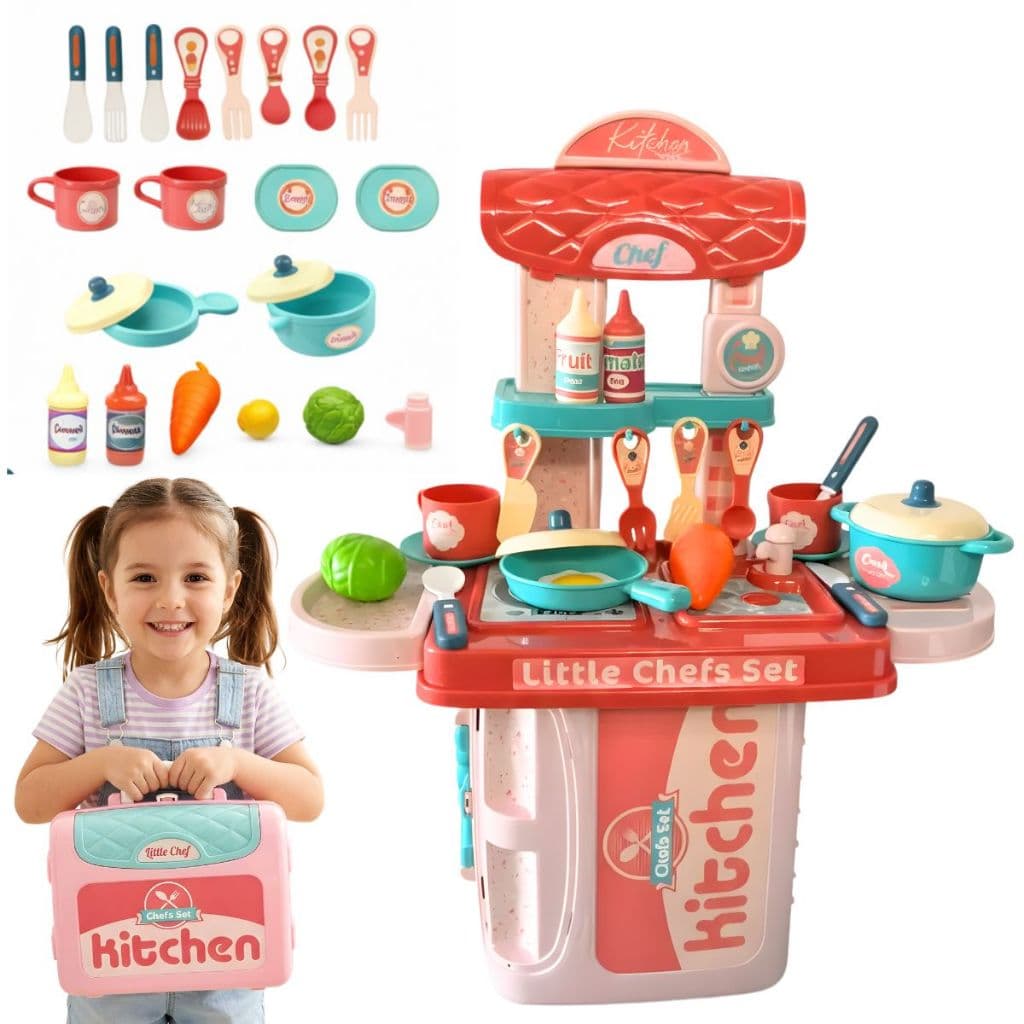 Maleta kit Cozinha De Brinquedo Menina 3 em 1 Infantil Panelinha Pratos Acessórios 18pçs