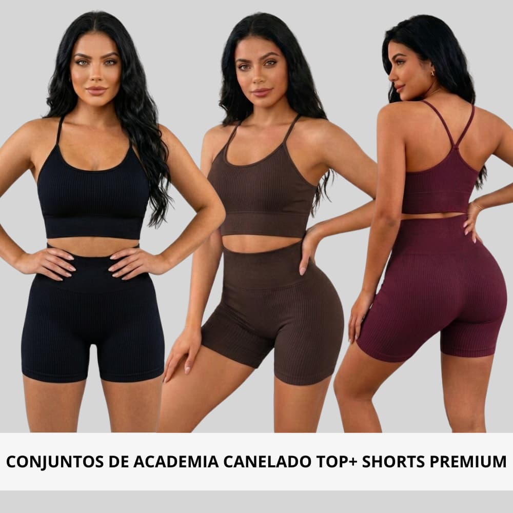Conjunto Academia Treino Top e Shorts Feminino Fitness Luxo Canelado