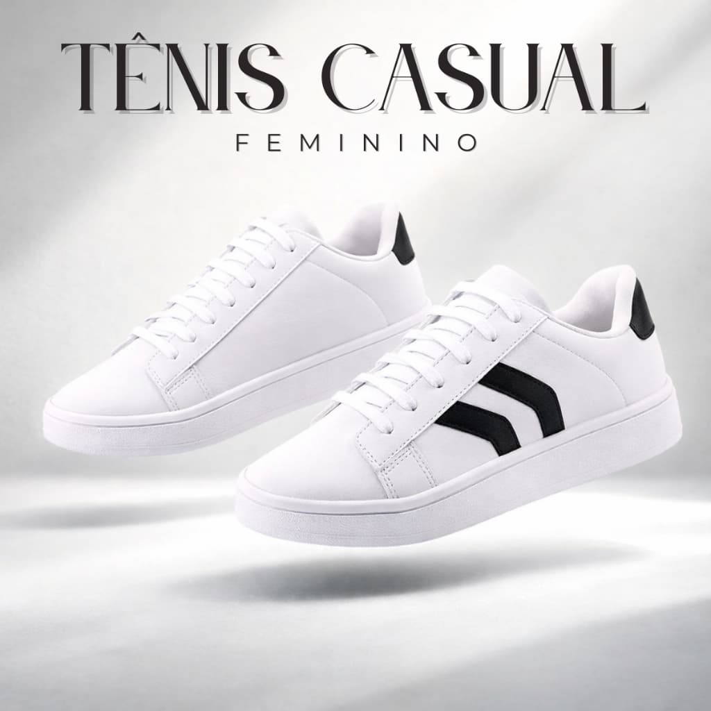 Tênis Feminino Casual Branco com Detalhes em Preto Conforto Estilo Para o Dia a Dia