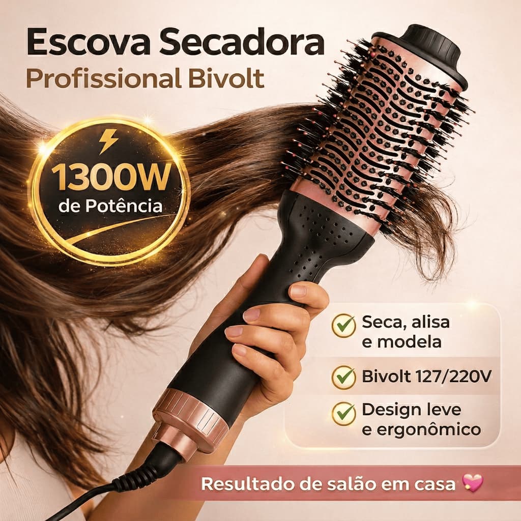 Escova Secadora 1300W Bivolt com Tecnologia Iônica – Alisa, Modela e Reduz Frizz