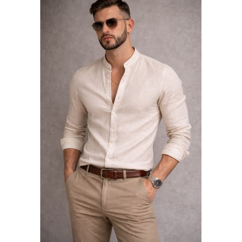 Camisa Masculina Manga Longa Gola Padre Slim em Tecido Premium