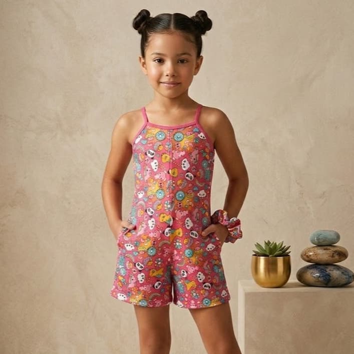 Pijama Macaquinho + Lacinho Moda Infantil Menina Conforto Para Dormir Estampado Fofo Kids