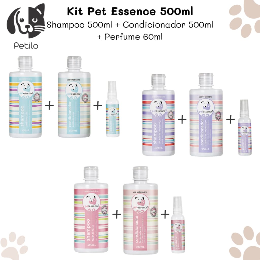 Kit Banho Pet Shampoo 500ml + Condicionador 500ml + Perfume 60ml PetEssence - Escolha a Fragrância