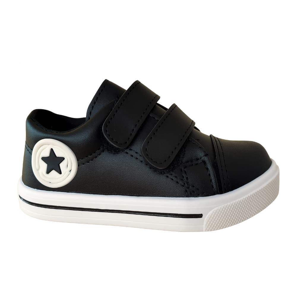 Tênis Bebê Preto Com Velcro Duplo Estrela Confortável Antiderrapante Casual Unissex