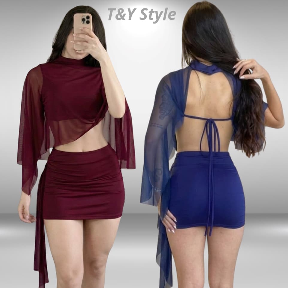 Conjunto Feminino Top Tule Manga Longa + Saia Curta Suplex | Moda Gringa Justo Modelador | Roupa Feminina Festa Balada