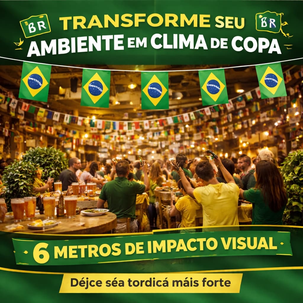 Bandeirinhas Brasil 6 Metros 20 Unidades Varal Copa do Mundo Decoração Verde Amarelo