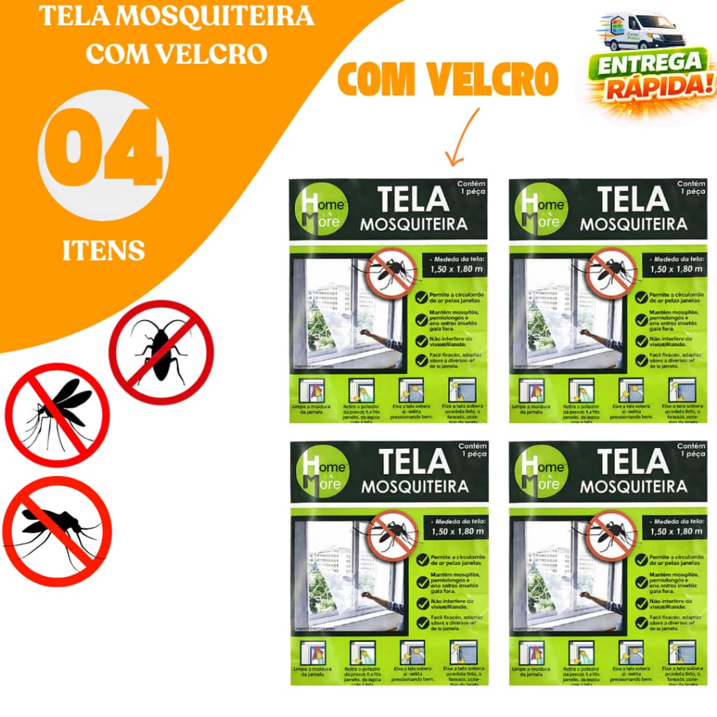 Kit 04 Tela Mosquiteira Proteção Contra Insetos 1,50x1,80 Velcro Adesivo Pernilongo Mosquito Barata