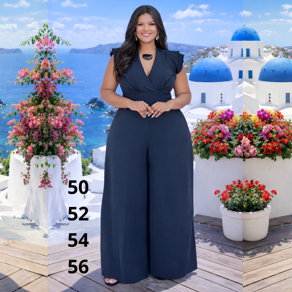 Macacão Plus Size Longo Pantalona Fluida Decote V com Lastex Marcando a Cintura Festa Social Elegante Luxo
